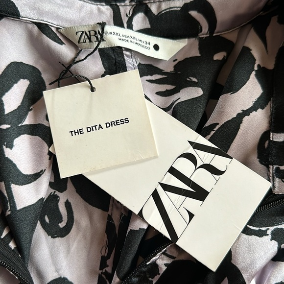 Zara The Dita Satin Ruched Long Sleeve Shirt Dress Lavender Black Floral XXL NWT - Picture 11 of 13